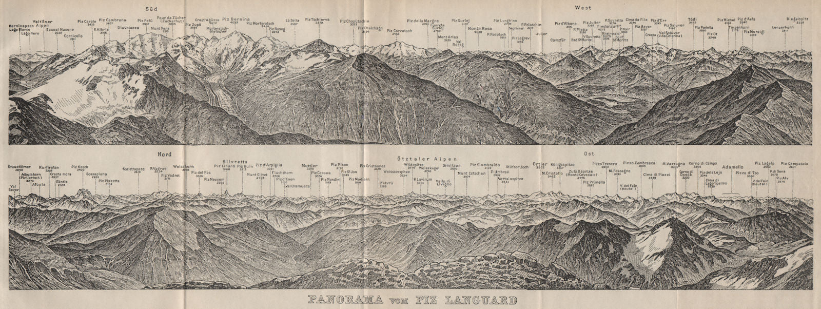 PIZ LANGUARD PANORAMA. Bernina Roseg Monte Rosa Mont Blanc Cristallo 1909 map